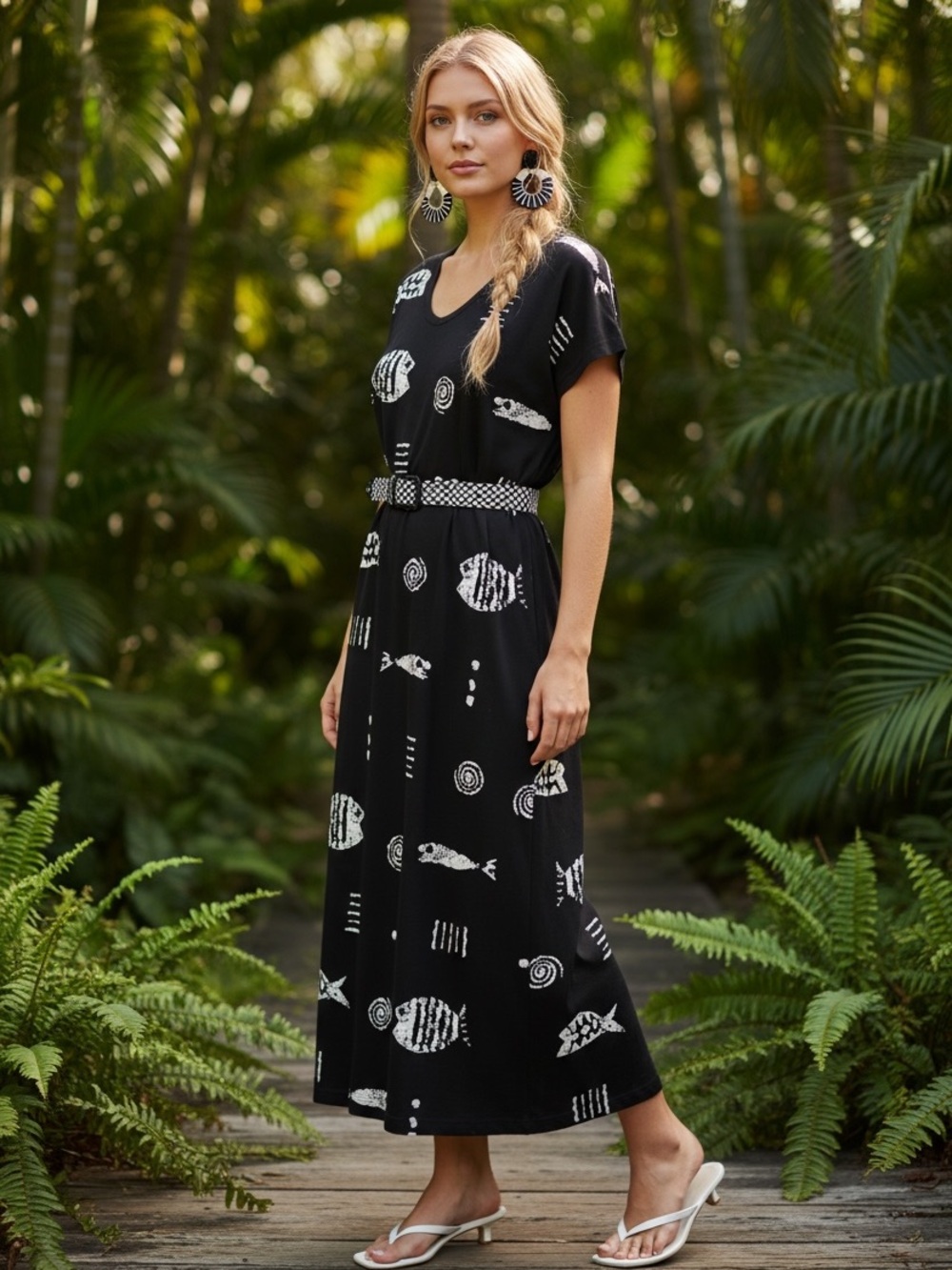 M.Mac Rock Fish Black white cotton Print coastal Midi Dress with Scoop Neck